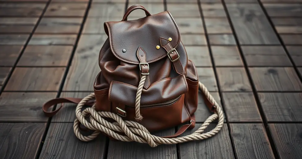 mochila de couro antiga e corda sobre tábuas de madeira