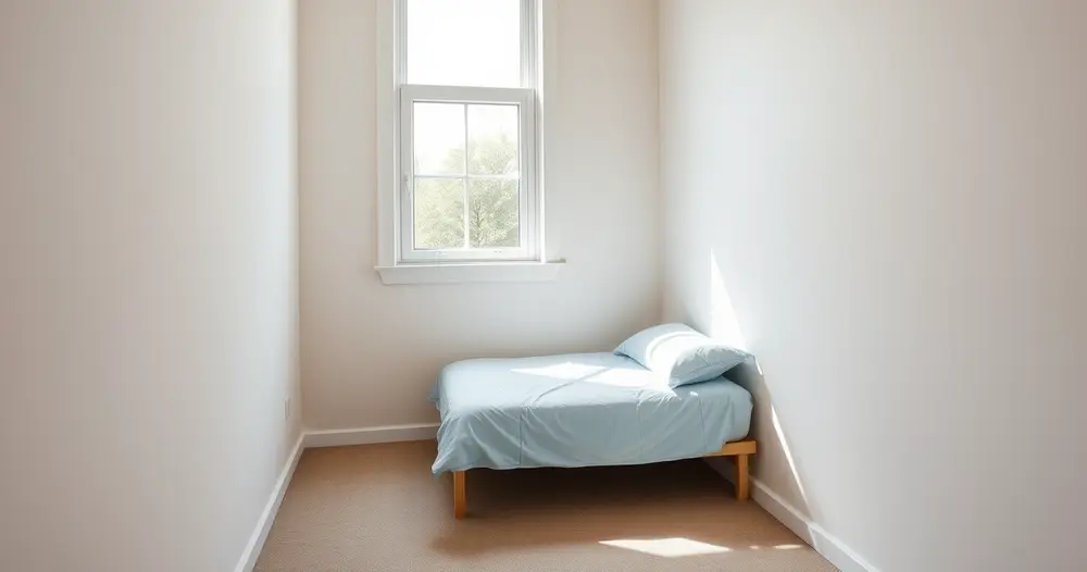 Cama de solteiro estreita com roupa de cama azul clara encostada em parede lisa de quarto pequeno